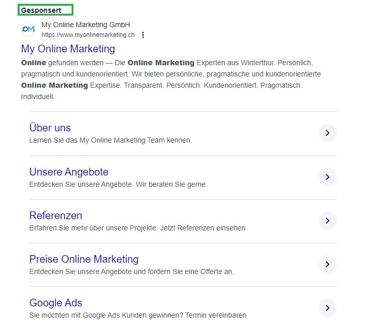 Suchmaschinenwerbung SEA - Eine Beispiel Google Ads Anzeige von My Online Marketing frü das Keyword Online Marketing